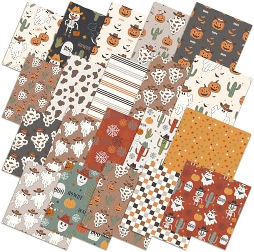 HunnmingRe 20 Pcs 10''x10'' Western Halloween Quilting Fabric Square Cowboy Ghost Precut Quiltted Fabric Cactus Pumpkin Lantern Cow Printed Patchwork Materials for Wild West Sewing DIY Craft Supplies