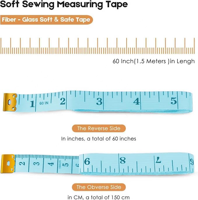 iBayam 2 Pack Tape Measure Measuring Tape for Body Fabric Sewing 60"/150cm | Soft Blue& Retractable Black Double Scales Rulers, Vinyl Measuring Tape for Tailor Home Craft Body Weight Loss Cloth Knitting