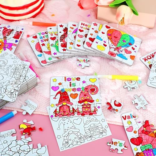 24Pcs Valentines Day Crafts Gifts Kits for Boys, Girls & Adults, Valentine's Arts and Crafts DIY Puzzle with Chocolate Cake Heart Owl, Jigsaw for Classroom Activities Party Favors Exchange Supplies