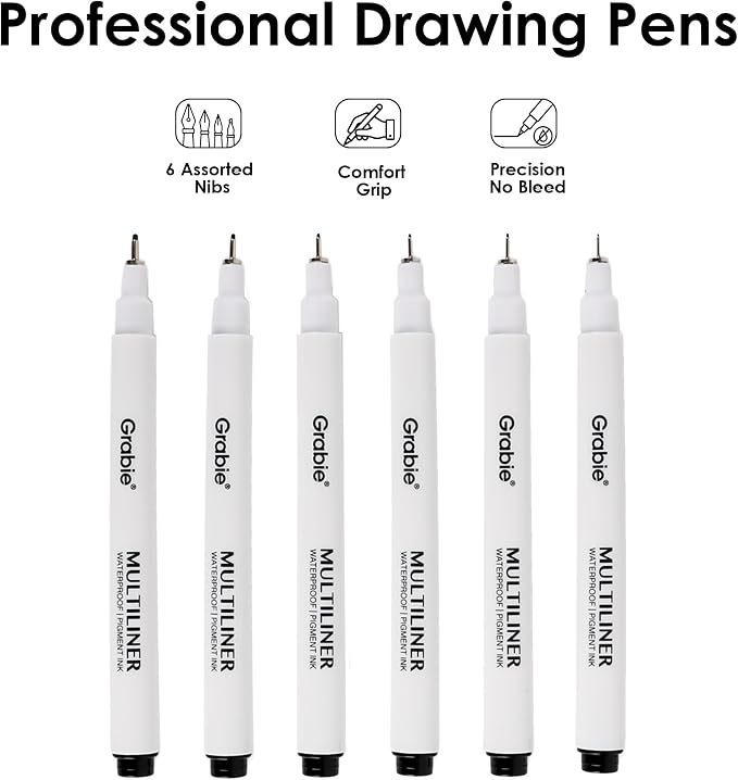 Grabie Micro Fineliner Pens, 6 Black Waterproof Drawing Pens | Waterproof Pigment Ink, 6 Assorted Tip Sizes, Precision Fine Lines, Metal-Clad Nibs, Smooth Ink Flow, Smudge Resistant