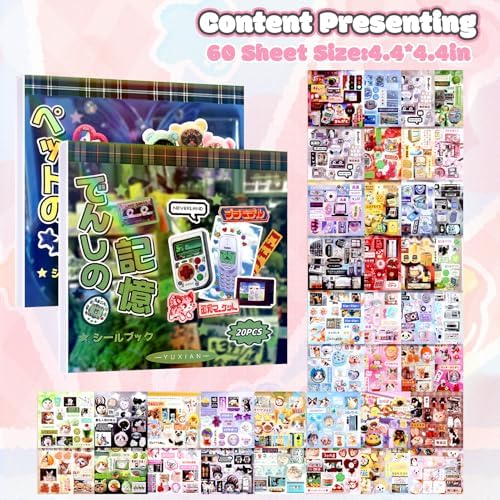 40 Sheets Japanese Sticker Book 2pcs Vintage Animal Technology Scrapbook Journal Stickers Cute Korean Stickers for Journaling Scrapbooking Planner Kawaii Sticker for Kid Adult DIY Cartoon Cosmtic Book