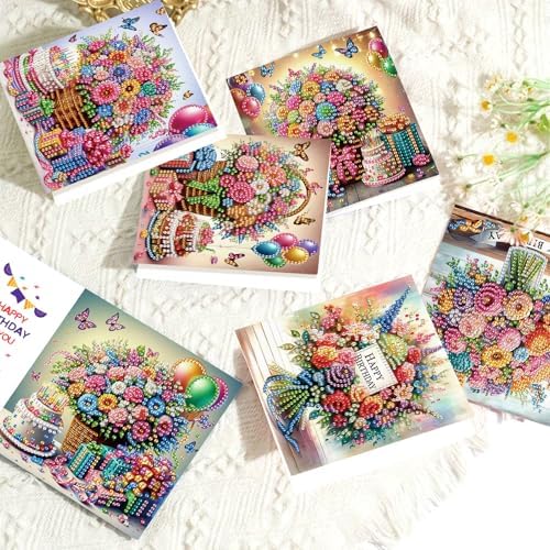Tontut 6 Pieces Diamond Art Painted Greeting Cards, Flower Basket Gift Butterfly 5D DIY Special Shape Diamond Card Creative Gifts, Christmas Thanksgiving Greeting Card Congratulation