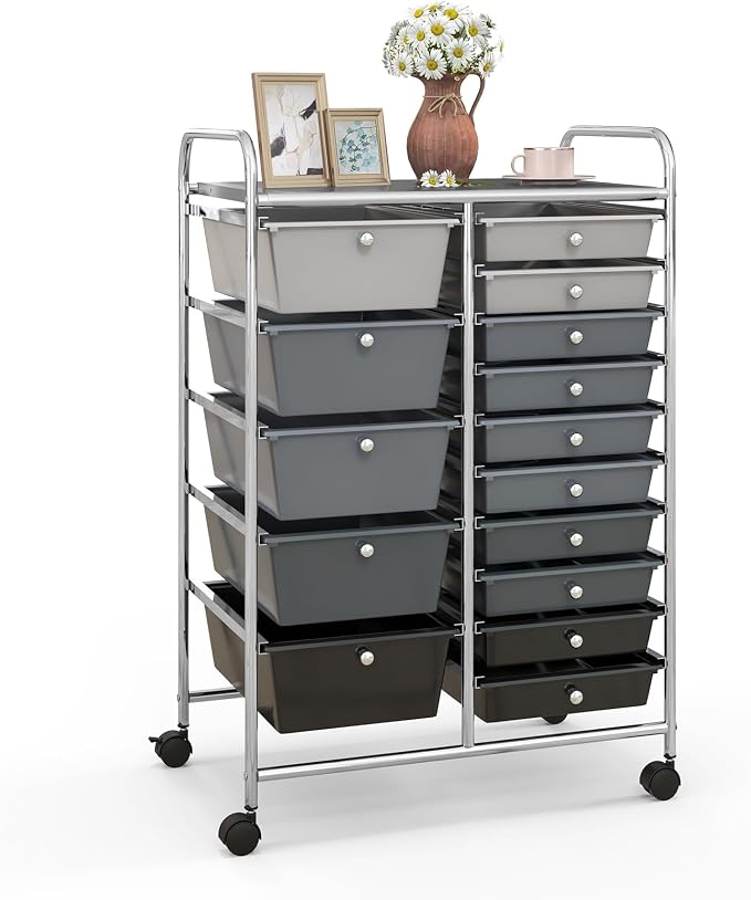 Giantex 15 Drawers Rolling Cart, Classroom Organizers, Storage Cart with Wheels, for Teacher Office Home School Supplies Tool Craft Art Paper