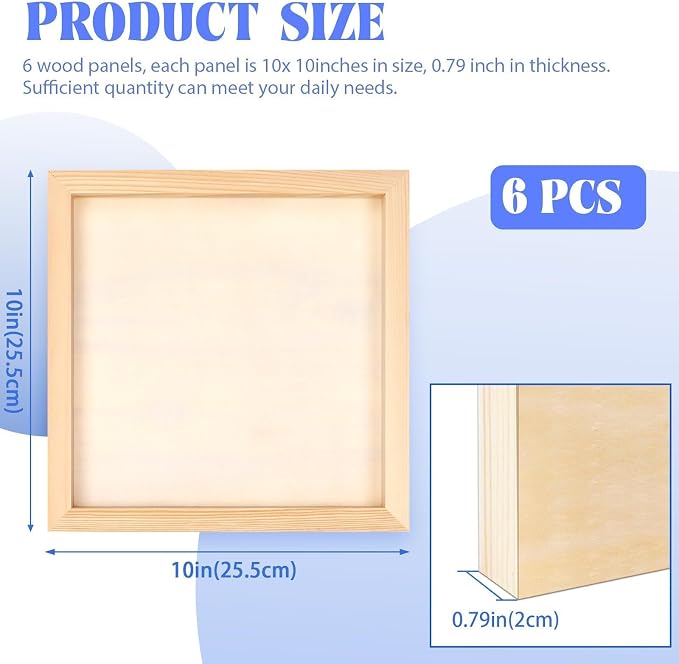 FSWCCK 6 Pack 10 x 10’’ Wooden Panel Boards, 0.79’’ Deep Unfinished Wood Canvas Panels for Crafts, Painting Canvas, DIY Art Projects, Pouring Arts