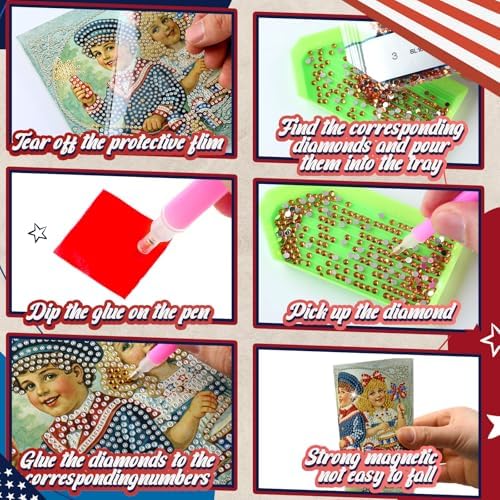 Saillong 12 Pack Vintage 4th of July Diamond Painting Greeting Card Kits Patriotic Diamond Art Cards with Envelopes Retro Red White Blue 5D Rhinestones Painting Making Kits for Adults DIY Craft Gifts