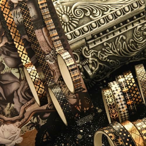 36 Rolls Skinny Washi Tape Set Gold Foil Detailing Arts Adhesive Tapes Basic Patterns Decorative Masking Tape Sets for Craft, Kids, Scrapbook, DIY, Gift Wrapping (Black & Gold)