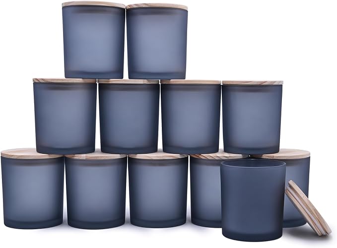 SHOWIN 14 OZ Thick Candle Jars for Making Candles 12 Pcs, 3 Wick Empty Jars with Wood Lids for Candle Making, Sample Container, Frosted Grey