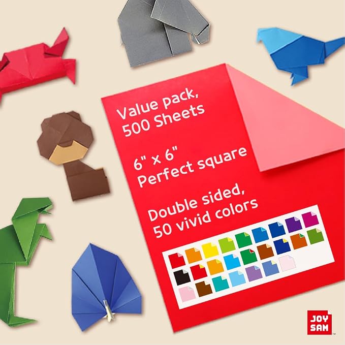 Origami Paper kit for Kids Ages 5-8 8-12, made in Korea, Double sided colored, 500 sheets, 50 Colors, 6x6 Square, DIY art craft projects, easy guide book, QR Video tutorial included