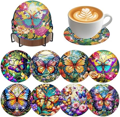 8 Pack Diamond Art Coasters,Butterfly Diamond Painting Coasters Kits