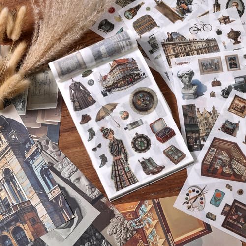 Scrapbooking Stickers 400 Pre-Cut Washi Stickers & 20 Scrapbook Papers Museum Vintage Sticker Books for journaling Scrapbooking Supplies