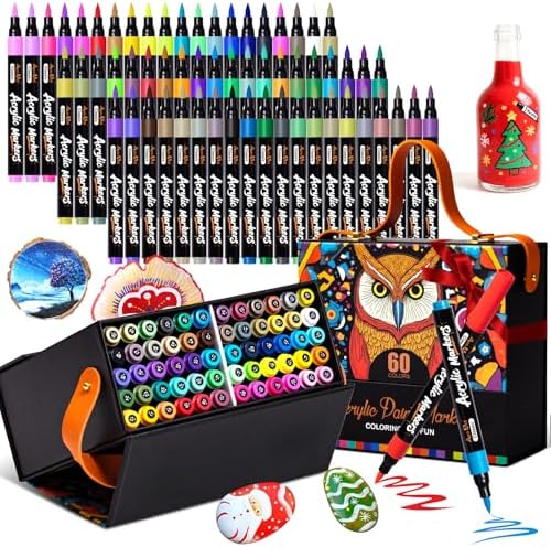 Aen Art 60 Colors Brush Tip Acrylic Markers, Water-Based Acrylic Paint Pens for Glass, Stone, Fabric, Ceramic, Wood, Canvas, Rock Painting, Card Making and DIY Crafts