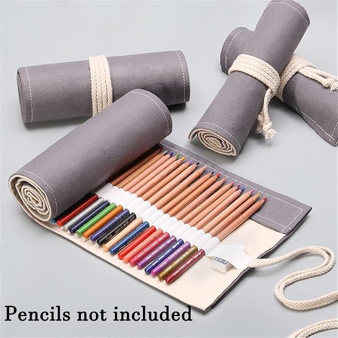 DIYOMR 24/36/72 Slots Pencil Wrap Pencil Rolls, Artist Colored Pencils Roll Up Bag Short Brushes Pouch Case Pencils Organizer for Drawing Coloring and Sketching,No Pencils (Grey, 72slots)