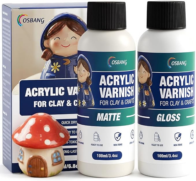 OSBANG Air Dry Clay Glaze Kit, 2-Pack 100ml Gloss and Matte Clear Varnish Top Coat, Protective Sealer for Air-Dry Clay, Polymer Clay and Acrylic Paintings, for Crafts and DIY Projects