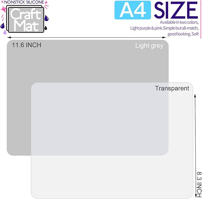 LEOBRO Silicone Mats for Crafts, 2 Pcs 11.69" x 8.26" Silicone Mats for Resin, Paint Clay Play Dough Mat, DIY Arts and Crafts, Light Gray & Clear