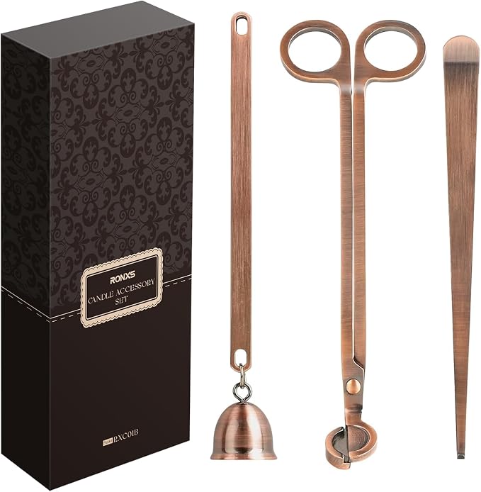 RONXS 3 in 1 Candle Wick Trimmer Set, Snuffer, Dipper, Cutter, Copper | Candle Care Accessory Kit, Stainless Steel, Trims Wick, Puts out Flame and Dips, Gift Box for Candle Lovers Home Decoration