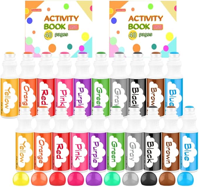Soucolor 20 PCS 10 Colors Kids Washable Dot Markers,48 Page Activity Book