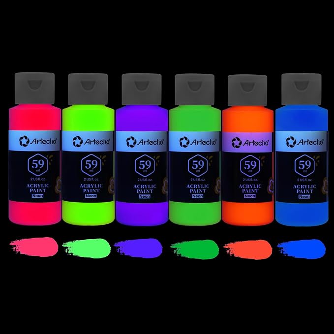 Artecho 6 Neon Colors Acrylic Paint 59ml / 2oz Bottle | Semi Glossy Finish, High Pigment Rich Color Craft Paint for Canvas,Fabric, Non-Toxic