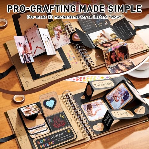 OVESMUSL 8x8 DIY Scrapbook Kit, Brown, 40 Pages | Features 250gsm kraft paper, metal corners, 3D interactive elements, and glue stick. Great for wedding, anniversary, baby.