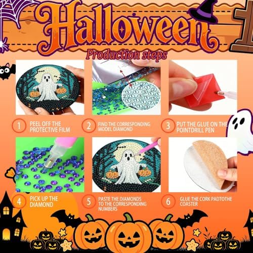 Leatrice 6 PCS Halloween Diamond Art Coasters Small Diamond Painting Kits