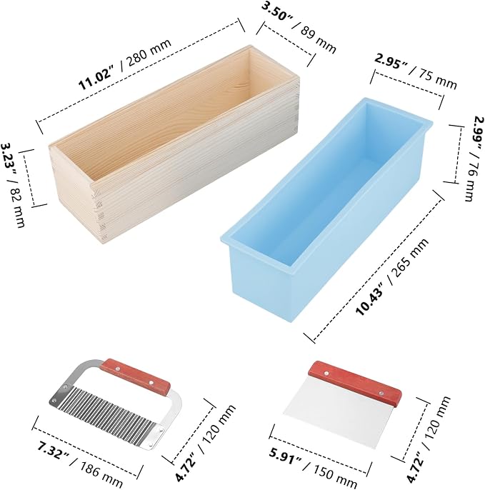 ZOENHOU 3PCS 42 oz Blue Silicone Soap Molds with 2 Cutters, Flexible Rectangular Silicone Loaf Soap Making Molds Kit with Wooden Box and Lid, DIY Tool Set for Soap Making Supplies