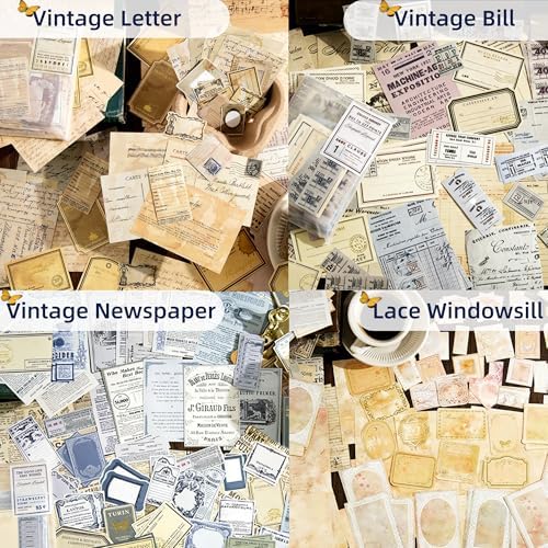 400Pcs Vintage Scrapbook Paper & Journaling Stickers Set, Mix Sizes Antique Single Side Printed Craft Paper for DIY Card Making, Journaling, Photo Album & Decoration