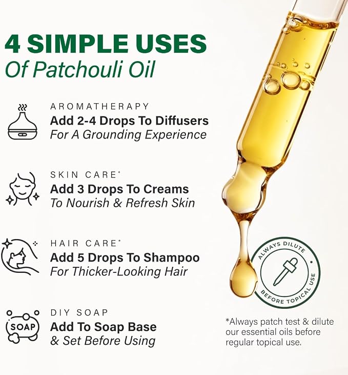 100% Pure Patchouli Oil - 4 Fl Oz Patchouli Essential Oil for Hair, Skin, Diffuser, Aromatherapy & DIY Soap Making Scent (Pack of 2)