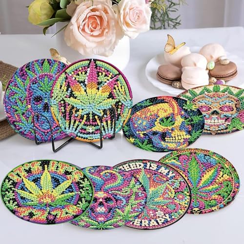 8 Pcs Leaf Diamond Art Coasters Kits, Diamond Painting Coasters Kits
