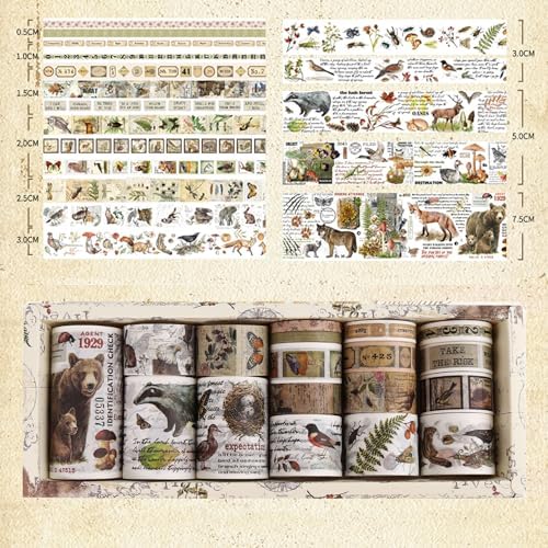 18 Rolls Vintage Washi Tape Pack Retro Arts Adhesive Tapes Wide Monologue Decorative Masking Tape Sets for Craft, Kids, Scrapbook, DIY, Gift Wrapping (Jungle Trails)