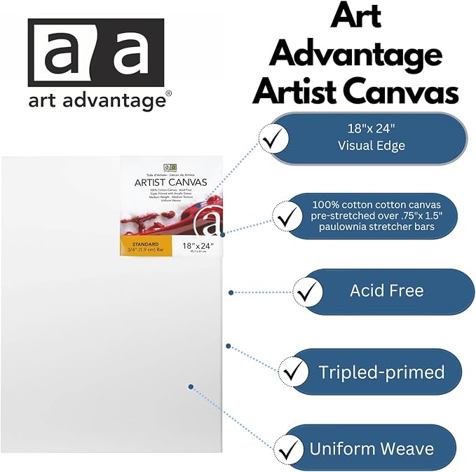 Art Advantage Artist Canvas Visual Edge 18x24, Stretched Canvas for Painting, Blank Canvas for Acrylics & Oils, Canvases for Artists, Professional Pre-Stretched Canvas