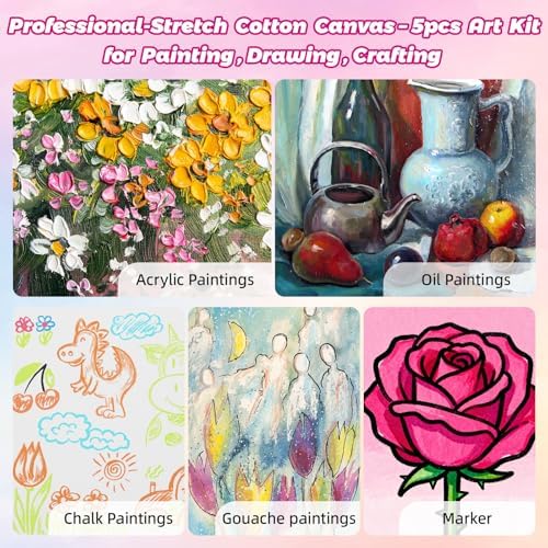 5 Pack Stretched Canvas for Painting, 5 Size 4x4” to 12x16, 100% Cotton with Natural Cottonseed Husk, 5/8" Thick Frame, Triple-Primed, Warp-Resistant, Ready to Paint for Acrylics, Oils