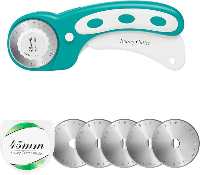 45mm Rotary Cutter with 5pcs Extra Blades, Ergonomic Handle Rolling Cutter with Safety Lock for Fabric, Leather, Crafting, Sewing, Quilting, Fabric Rotary Cutter Perfect for Left & Right Hand (Green)