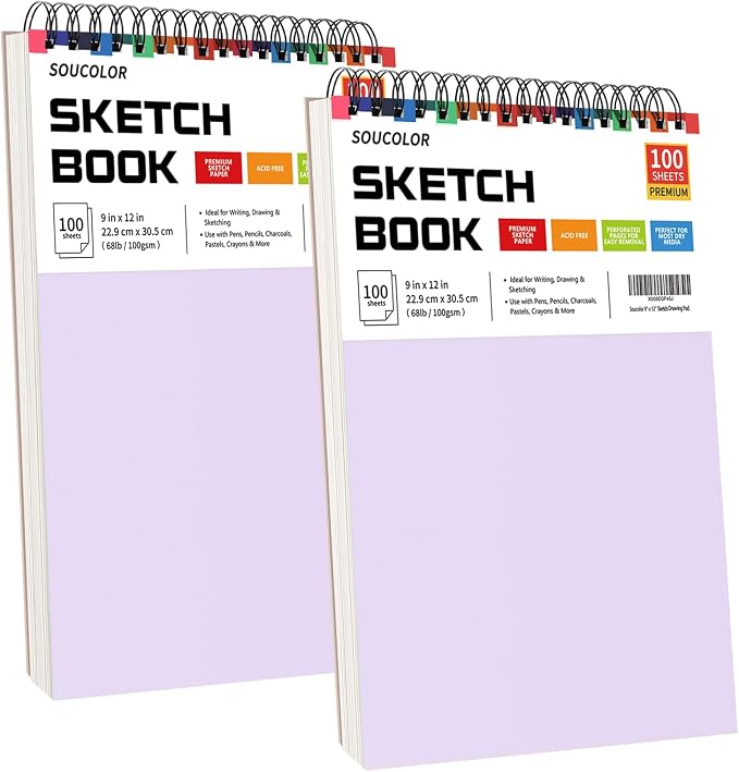 Soucolor Sketch Book 9" x 12", 2 Pack School Art Supplies Gifts for Girl | 200-Sheets Each (68lb/100gsm) Purple Drawing Notebook for Kids,Gifts for Women,Perfect for sketching, drawing,colored pencils