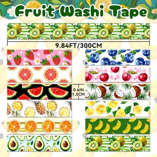 12 Rolls Fruit Themed Washi Tape Set, Colorful Floral Plants Decorative Tape Tropical Fruits Masking Tape for Journaling Supplies, Junk Journal, Scrapbooking, DIY Arts & Crafts,Gift Wrapping