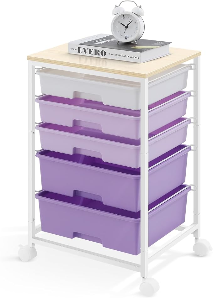 SYKIARIOL Utility Cart with 5 Drawers with Wooden Top,Purple | 5-Tiers Storage Cart with Drawers with Lockable Wheels for Craft Organizers and Storage,Home Office,Classroom,Dorm ,Playroom