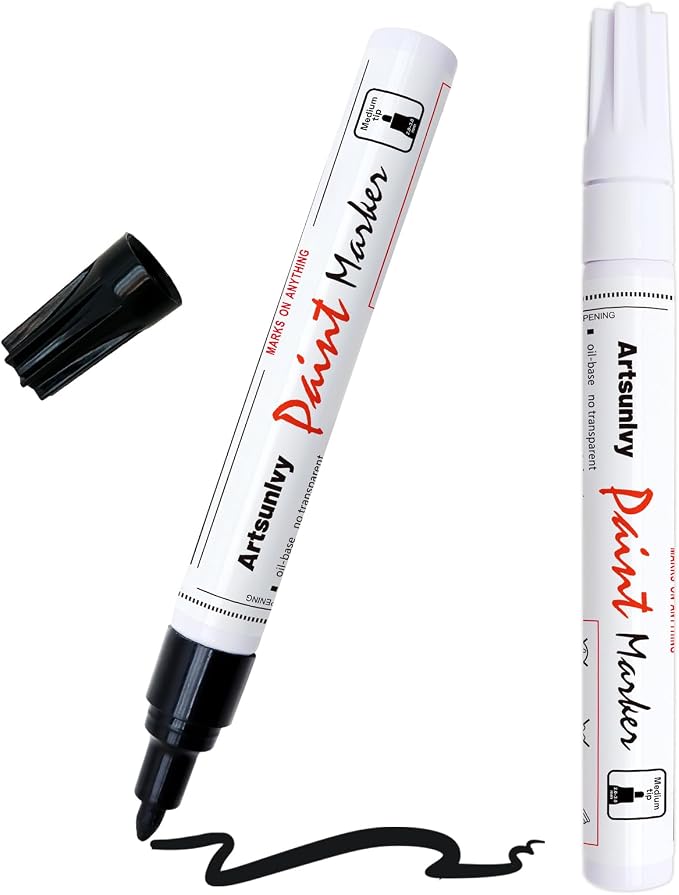 Artsunlvy Permanent Paint Pens Paint Markers - 2 Pack Black & White Oil Based Quick Dry Waterproof Markers For Tire, Rubber,Wood, Rocks, Metal, Canvas