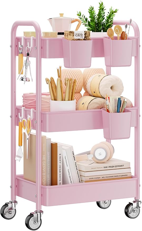 YASONIC 3 Tier Rolling Cart, Heavy Duty Metal Utility Cart with Wheel Pink