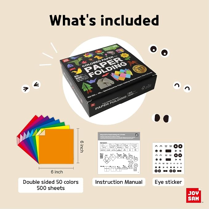 Origami Paper kit for Kids Ages 5-8 8-12, made in Korea, Double sided colored, 500 sheets, 50 Colors, 6x6 Square, DIY art craft projects, easy guide book, QR Video tutorial included