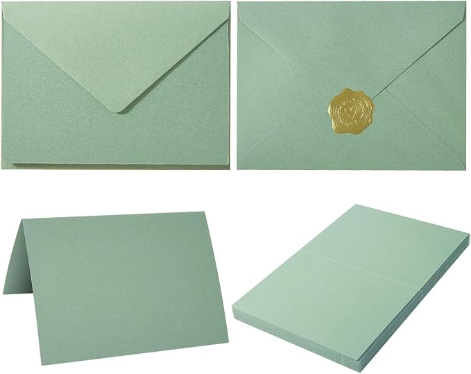 50 Pack Sage-Green A7 Envelopes with Cards and Gold Stickers, 5x7