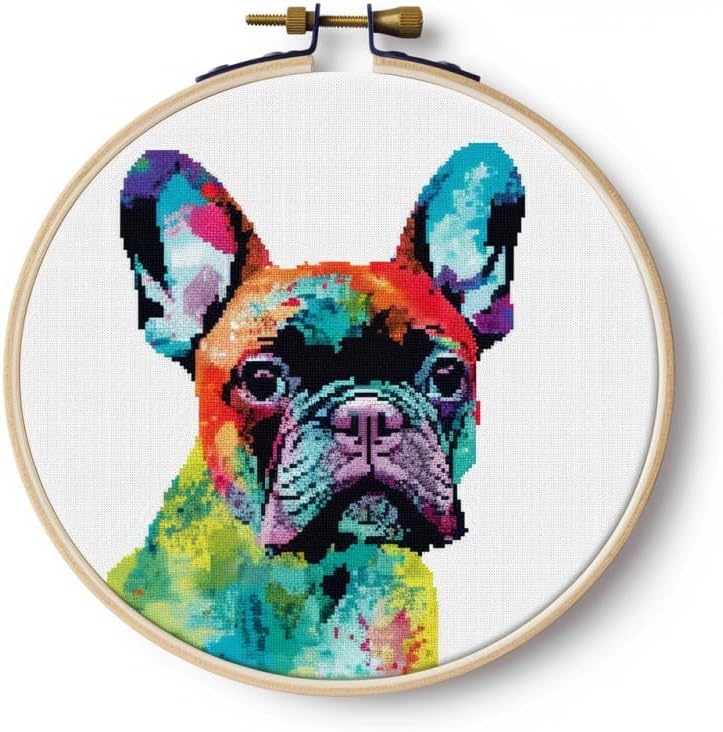 11CT Easy Starter Cross Stitch Kit for Adults Stamped Embroidery Kit with Pre-Printed Fabric Color Threads Needles DIY Needlework Craft Kit French Bulldog 35x35cm(J174)