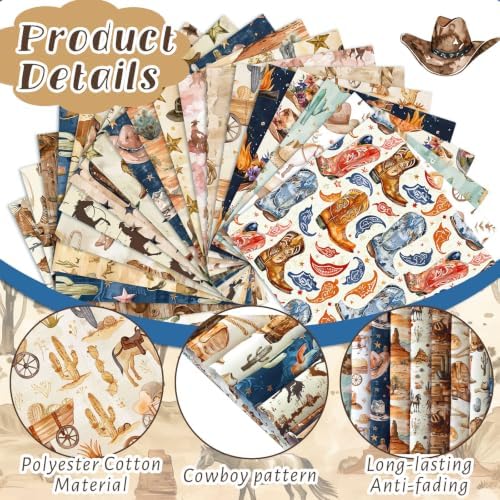 HunnmingRe 20 Pcs 10''x10'' Western Cowboy Quilting Fabric Squares