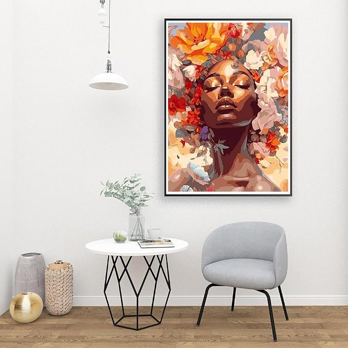 Clendo DIY African Woman Paint by Numbers for Adults Canvas, Flowers and Girl Paint by Number Kits on Canvas - Oil Painting Kits Arts and Crafts for Home Decor 16x20 inch(Without Frame)