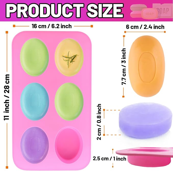 Lerykin Silicone Soap Molds, Oval & Rectangle Soap Bar Mold, 6 Cavities DIY Mould for Homemade Craft Soap, Pudding, Muffin, Chocolate, Brownie, Cornbread, Cheesecake, Cake & Ice Cube - Just Pop Out