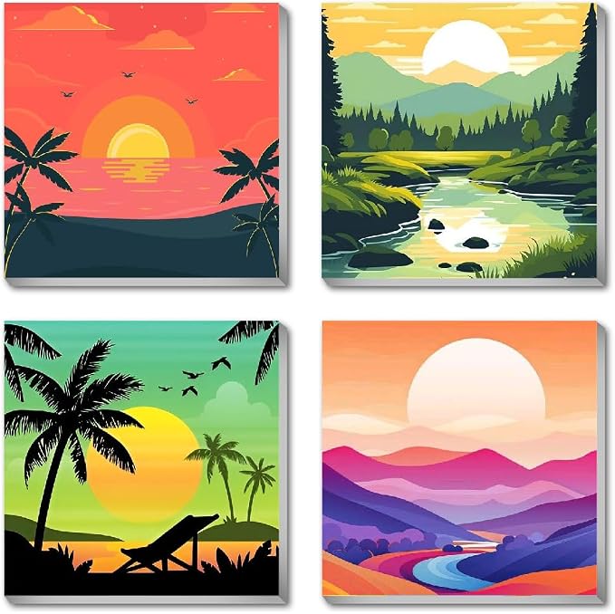 Canrichshop 4 Framed Landscape DIY Paint by Numbers Kit for Adults Beginner,Sunset Easy Painting by Number with Canvas,Acrylic Paint Kit Arts and Crafts for Adults for Decor 8x8inch