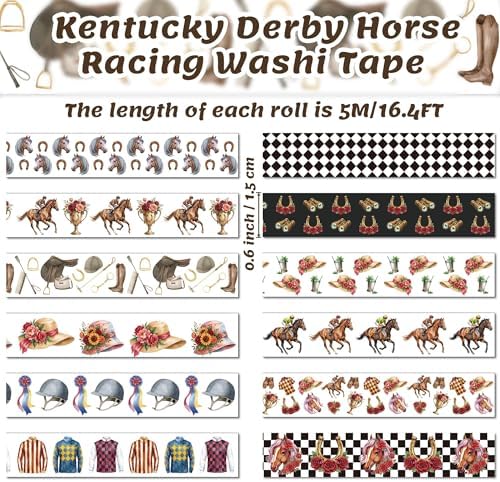 Kentucky Derby Washi Tape - 12 Rolls Horse Racing Silhouette Jockey Silk Bridle Scrapbook Card Masking Washi Decorative Artist Tape Junk Journal Scrapbooking Supplies School Office DIY Craft