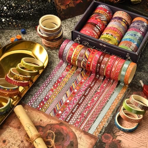 36 Rolls Skinny Washi Tape Set Gold Foil Detailing Arts Adhesive Tapes Basic Patterns Decorative Masking Tape Sets for Craft, Kids, Scrapbook, DIY, Gift Wrapping (Kawaii)