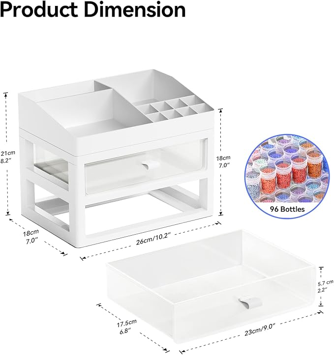 ARTDOT Storage Containers for Diamond Painting Accessories, 2 Drawers with 96 Slots Bead Storage Bottles and Diamond Art Accessories and Tools Rack