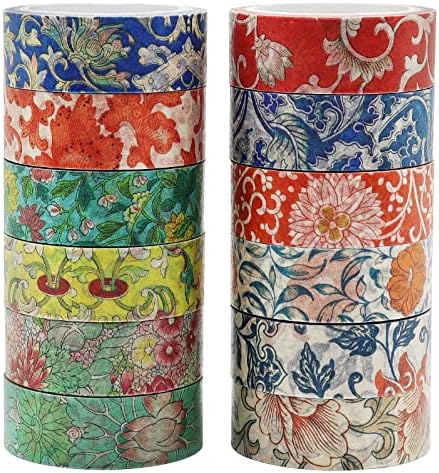 Berkin Arts 12 Rolls Art Floral Designs Washi Tape Set - 15 mm Wide Decorative Adhesive Masking Tape Cloisonnism for Bullet Journal Colorful Damask Pattern Intricate Colorful Owen Jones Series