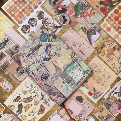SaFeHoM 212 Pcs DIY Vintage Journal Set for Women Gifts Scrapbook Diary Supplies including Aesthetic Journals, Scrapbook Paper, Washi Stickers, Tape, Dot Stickers