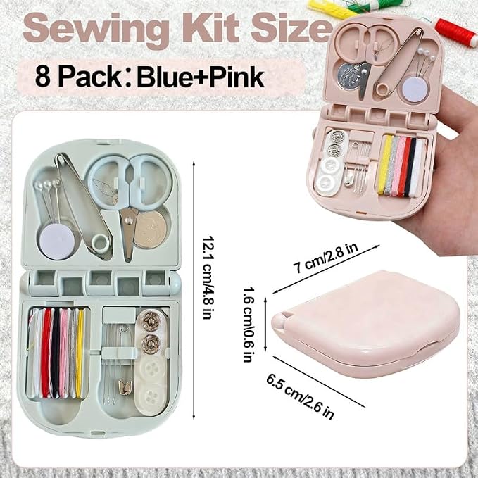 Reroon 8 Pack Mini Travel Sewing Kit for Adult & Kid | Portable Sewing Box Kit Bulk | Small Emergency Repair Set with Thread Scissors Needle for Travel, Beginner DIY Handcraft | Pink + Blue