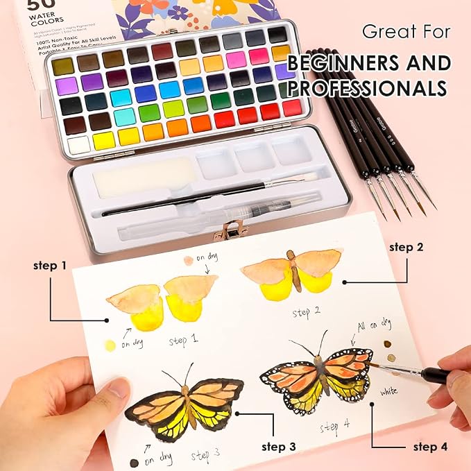 Grabie 50 Color Watercolor Paint Set with Detail Paint Brushes | High Pigment Paints, Blendable Colors, Portable Travel Case, Painting, Sketching, Illustration, Beginner And Hobby Artists